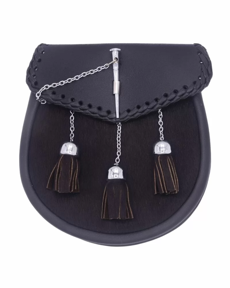 Black Rabbit Leather Pin Closure Sporran with Chain Belt