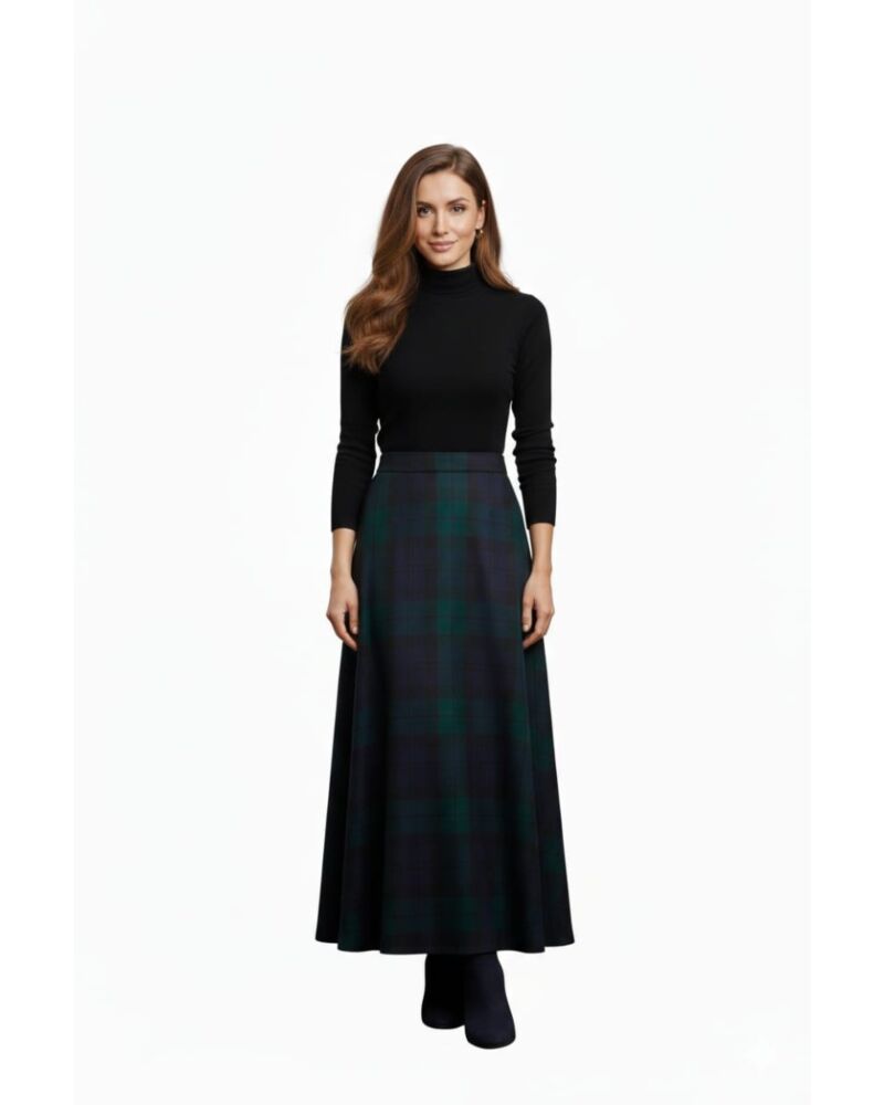 Black Watch Tartan Maxi Skirt front view, deep green and navy tartan pattern