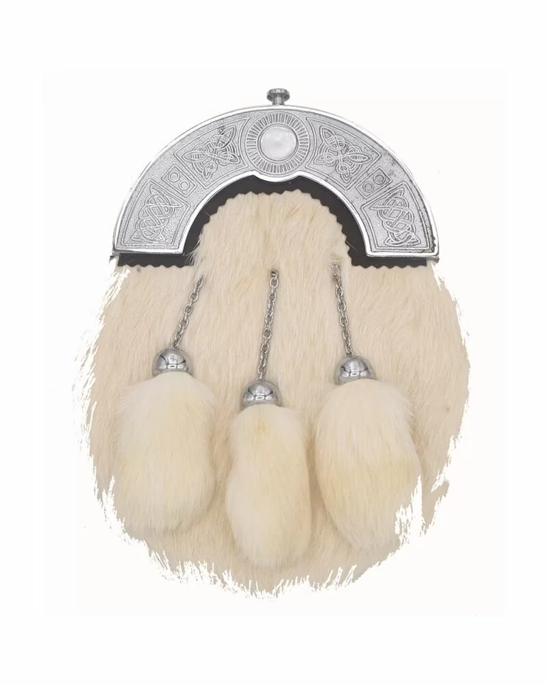 Scottish Cantle Leather White Rabbit Fur 3 Tassels Sporran