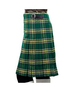 Front view of Scottish Irish green tartan 8-yard kilt with leather straps visible.