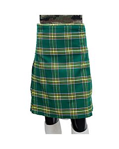 Front view of Scottish Irish green tartan 8-yard kilt with leather straps visible.