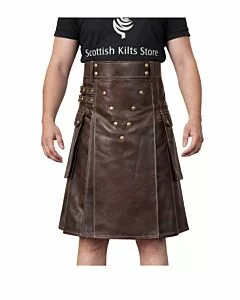 Brown leather utility kilt featuring rugged design with metal studs and adjustable straps