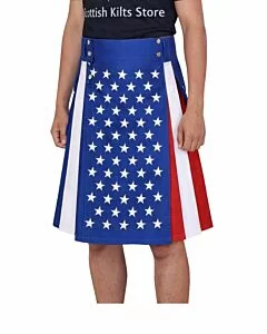 Modern hybrid kilt featuring American flag design with stars and stripes pattern on front apron.