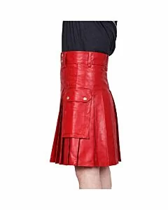 Front view of a red leather utility kilt featuring premium leather, cargo pockets, and adjustable straps