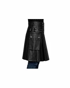 Front view of a black leather utility kilt with adjustable straps and functional cargo pockets