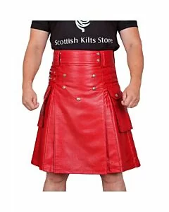 Front view of a red leather utility kilt featuring premium leather, cargo pockets, and adjustable straps