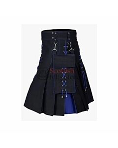 Two Tone Black & Blue Cotton Utility Kilt