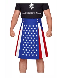 Modern hybrid kilt featuring American flag design with stars and stripes pattern on front apron.
