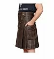 Right side of brown leather utility kilt highlighting side pockets and durable leather construction