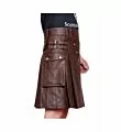 Left side of brown leather utility kilt displaying adjustable buckles and utility detailing