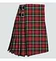Stewart Charles Modern Tartan Kilt displayed on a mannequin, showing bold red, green, and black plaid pattern, crisp pleats, adjustable waistband, and traditional Scottish Highland design for formal events and cultural occasions.